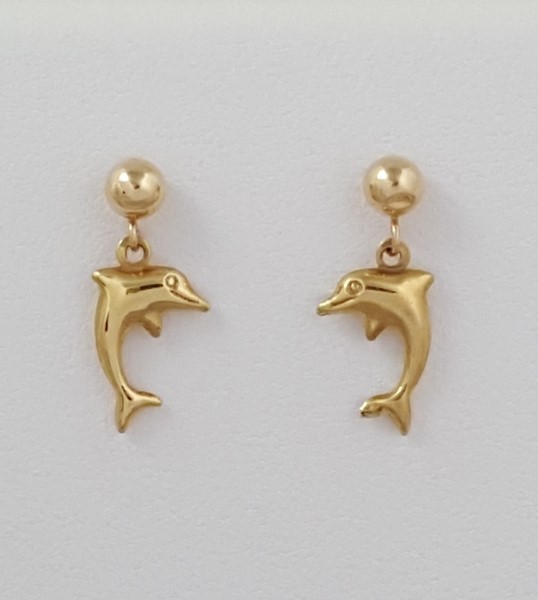 Dangling Dolphin Ball Post Earrings 14kt Yellow Gold 1/2 inch