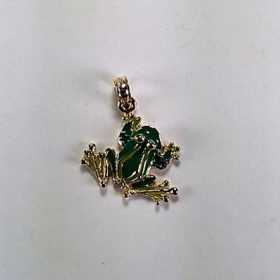 Tree Frog Pendant Green Enameled 14kt Yellow Gold 3/4 inch
