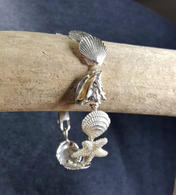 Conch Clam Starfish Sand Dollar & Scallop Bracelet Sterling Silver sizes 7-8 inch