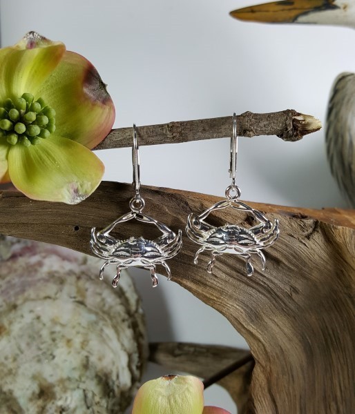 Blue Crab Earrings with Leverbacks Sterling Silver 1 inch