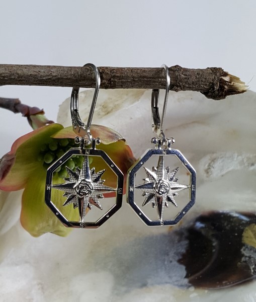 Compass Rose Earring with Shackle Leverback Sterling Silver 1 inch