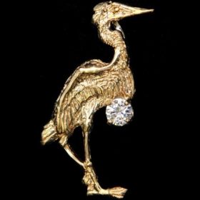 Standing Heron Pendant 14kt Yellow Gold with Ruby Eye and .10ct SI2 GH Diamond 1-1/4 inch
