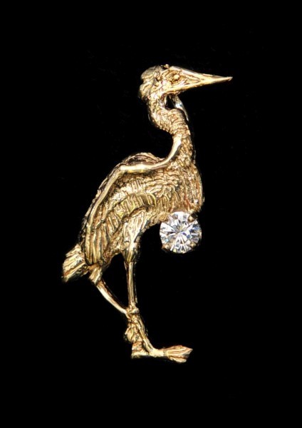 Standing Heron Pendant 14kt Yellow Gold with Ruby Eye and .10ct SI2 GH Diamond 1-1/4 inch
