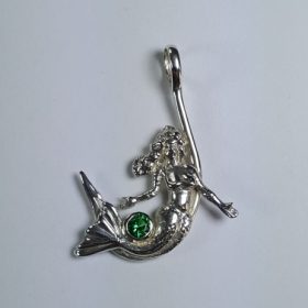 Mermaid on Hook Pendant Sterling Silver with Gemstone 1-1/4 inch