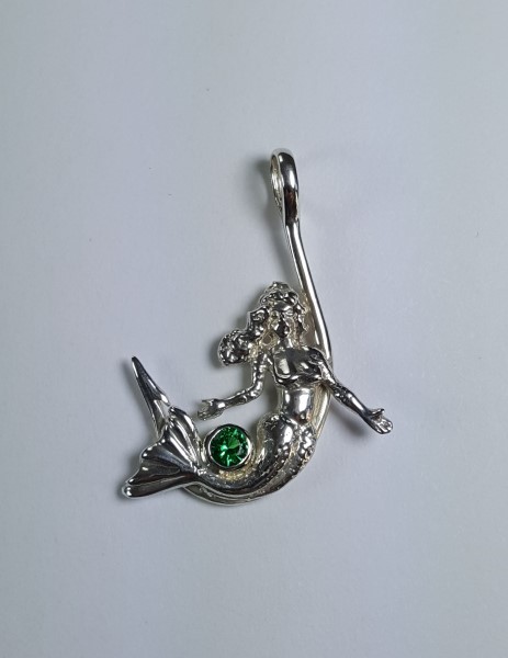 Mermaid on Hook Pendant Sterling Silver with Gemstone 1-1/4 inch