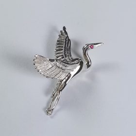 Flying Heron Pin/Pendant w Gemstone Eye Sterling Silver 1-3/4 inch