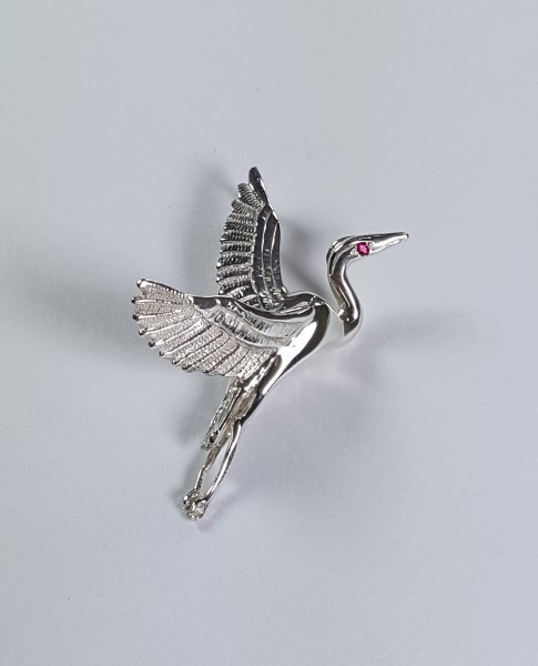 Flying Heron Pin/Pendant w Gemstone Eye Sterling Silver 1-3/4 inch