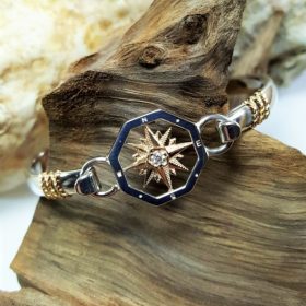 Compass Rose Swap Top Sterling Silver and 14kt Yellow Gold with .06ct Diamond paired w Sterling silver swap top bangle w Gold rope accents