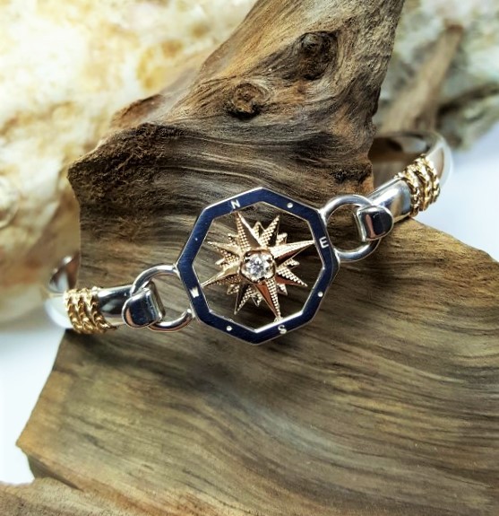Compass Rose Swap Top Sterling Silver and 14kt Yellow Gold with .06ct Diamond paired w Sterling silver swap top bangle w Gold rope accents