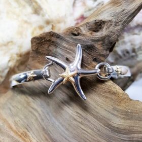Starfish Swap Top Sterling Silver with 14kt Yellow Gold Starfish paired w sterling silver swap top bangle w Gold starfish accents