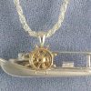 Chesapeake Deadrise Workboat Pendant, Sterling Silver with 14kt Yellow Gold ships wheel medium 1-1/4"