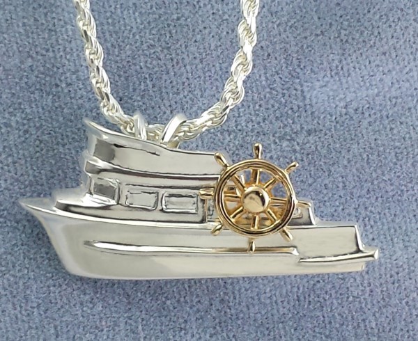 Trunk Trawler Pendant Sterling Silver with 14kt Yellow Gold Ships Wheel 1-1/4 inch