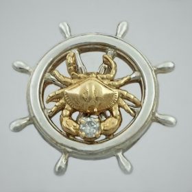 Ship's Wheel Pendant Sterling Silver with 14kt Bailey Crab w .10ct Diamond 1-1/4 inch