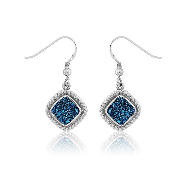 Blue Drusy Sterling silver Dangle ear wires with a rope edge