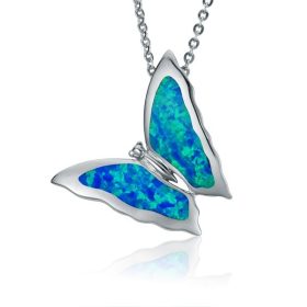 Butterfly Pendant, Blue Opal inlay stones,Sterling Silver, chain
