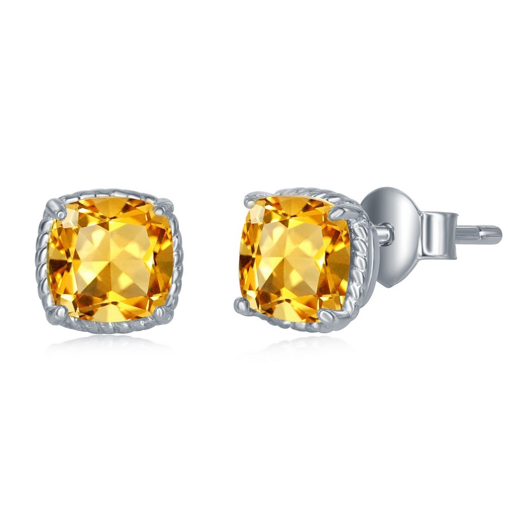 Citrine Cushion cut 7mm Stud Earrings with Sterling Silver Rope edge