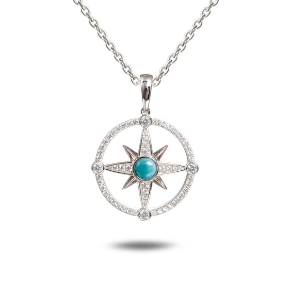 Compass Pendant, Sterling, CZ stones, Larimar stone, with chain