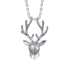 Deer Stag head, satin finish ,Crystal eyes, Sterling Silver chain