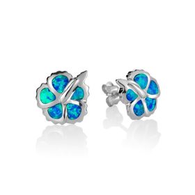 Hibiscus Flower with Blue Opal inlay Sterling Silver Stud Earrings