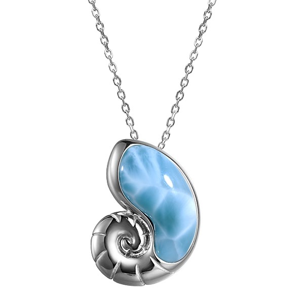 Nautilus Shell Pendant with Larimar Stone, Sterling Silver , with chain
