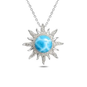 Sun Pendant with Larimar stone & Crystals, Sterling Silver chain
