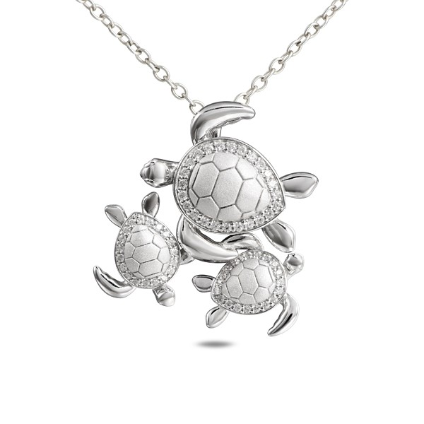 Sterling Silver Turtle Family of three with crystals , w/ chain
