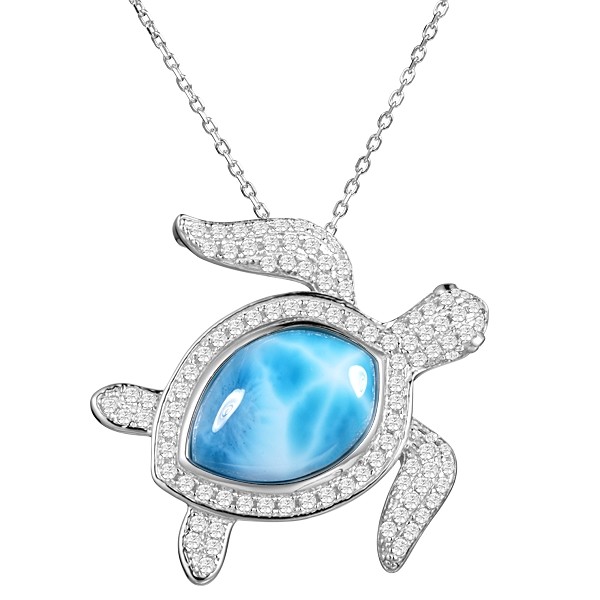 Turtle Larimar w/crystals all over the body , Sterling, w/chian