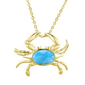 Crab Pendant 14KY Larimar Stone 15mm both claws up (no chain)