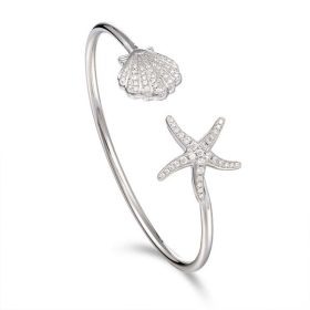 Starfish and Scallop Shell with Crystals Cuff bracelet Sterling Silver