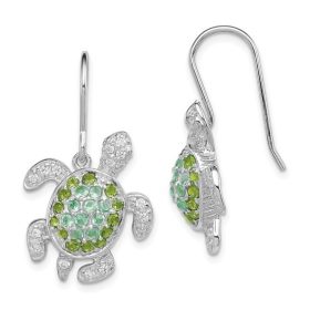 Turtle leverback earrings with green and White crystals Sterling Silver