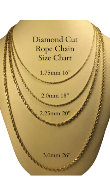 Gold Diamond Cut Rope Chain Choice of Thickness & Length