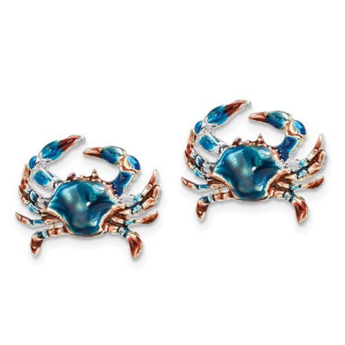 Pair of crab-shaped earrings with blue and orange detailing.
