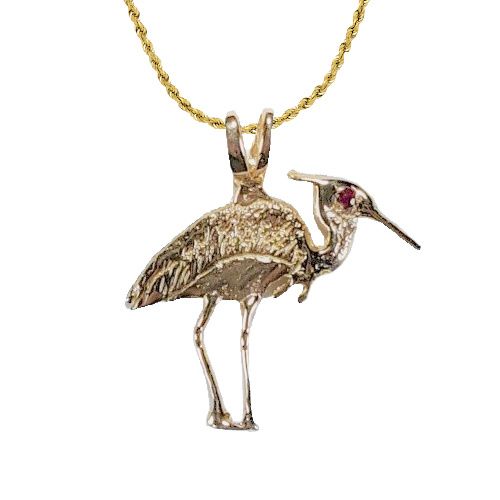 Fishing Heron Pendant Choice of Metal Ruby Eye - 14k Yellow Gold