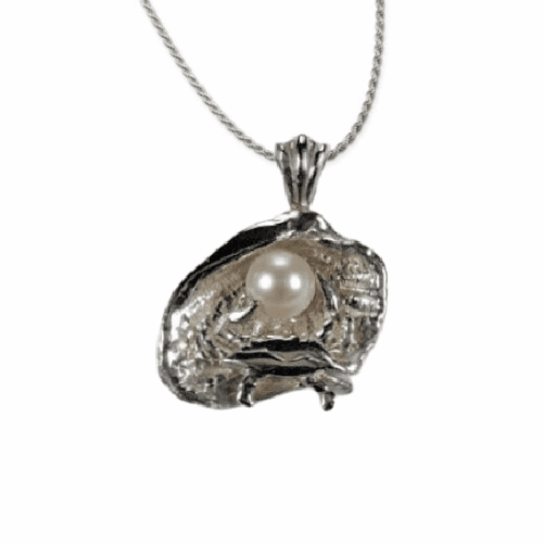 Elegant pearl pendant set in a silver shell design.