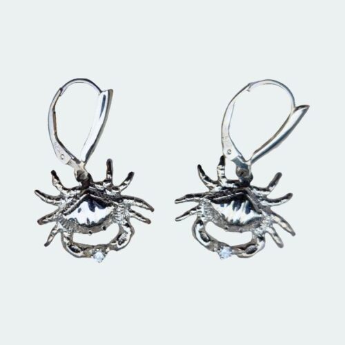 Silver spider-shaped earrings with lever-back hooks.
