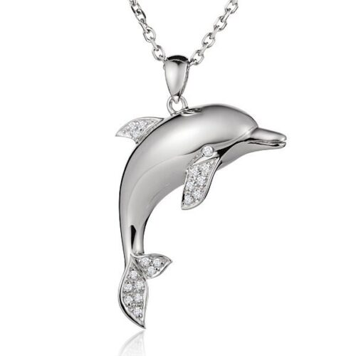 Silver dolphin pendant necklace with embedded stones.