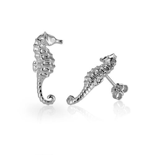 Elegant silver seahorse-shaped earrings with intricate detailing.