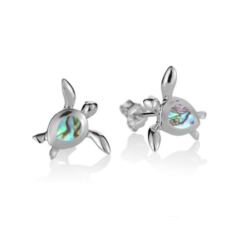 Silver turtle-shaped earrings with blue-green accents.