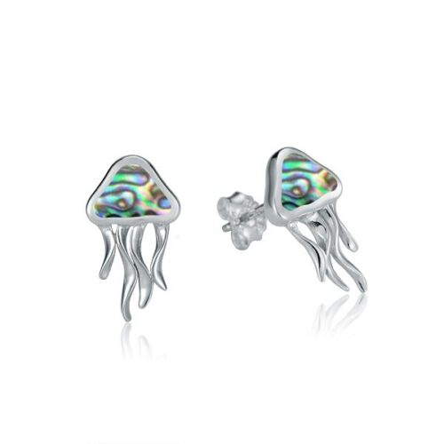 Silver jellyfish-shaped stud earrings with colorful triangular tops.