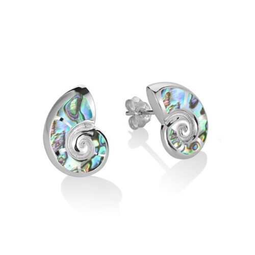 Elegant spiral-shaped earrings with iridescent abalone shell inlay.
