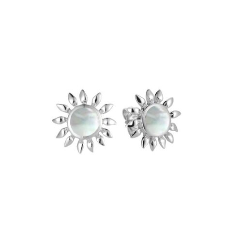 Pair of silver sun-shaped earrings with a shiny center.