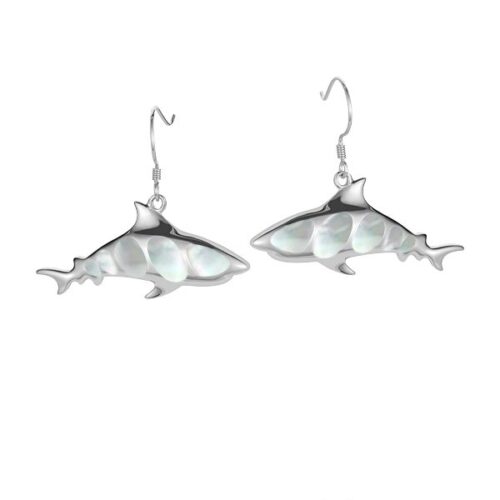 Silver shark-shaped dangling earrings with hooks.