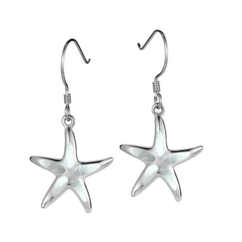 Silver starfish-shaped dangling earrings with hooks.