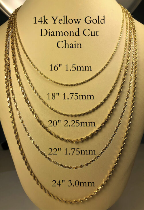 14K Solid Yellow Gold Diamond Cut Rope Chain