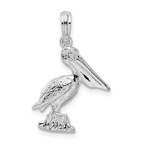 A silver pelican pendant charm with detailed features.