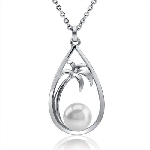 Elegant silver pendant with a pearl and palm tree design on a chain.