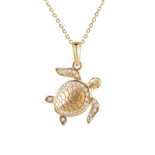 Elegant gold turtle pendant necklace with intricate shell design.