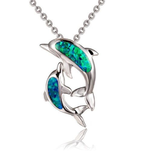 A silver dolphin pendant with blue and green accents on a ball chain.