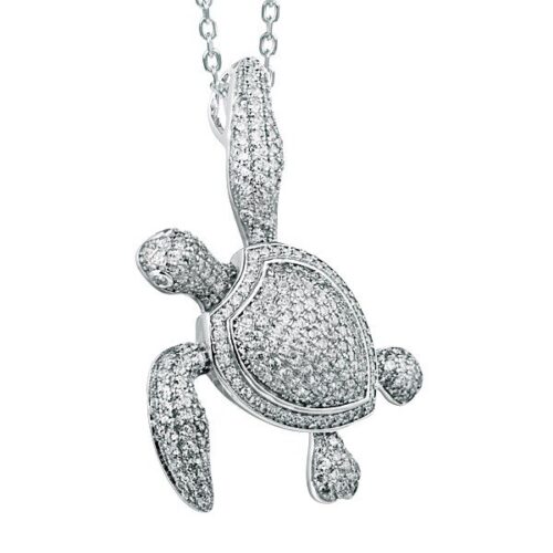 Silver turtle pendant necklace with intricate detailing.
