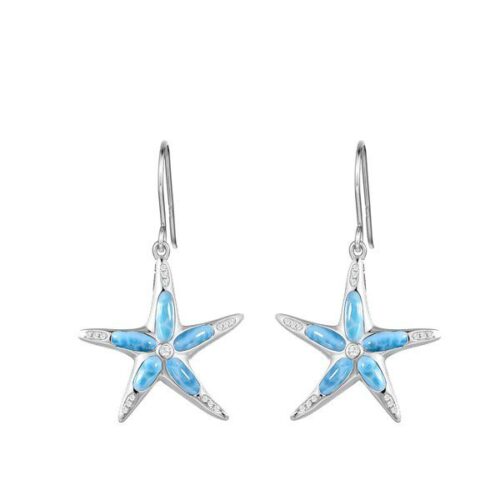 Silver starfish earrings with blue accents.
